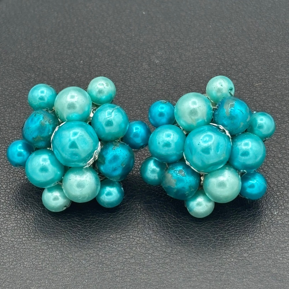 Vintage Japan Cluster Clip-On Earrings Turquoise Faux Pearl Mid-Century